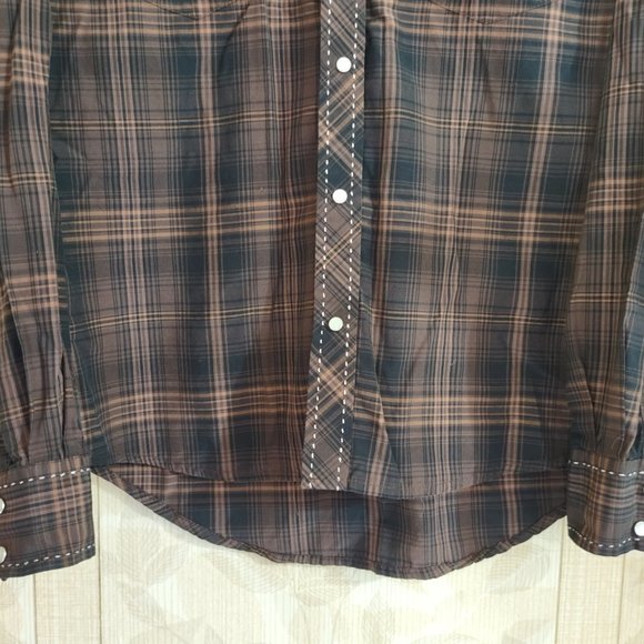 Cowboy Legend Brown Black Plaid Pearl Snap Button Rodeo Boys Western Shirt XL - Picture 3 of 9